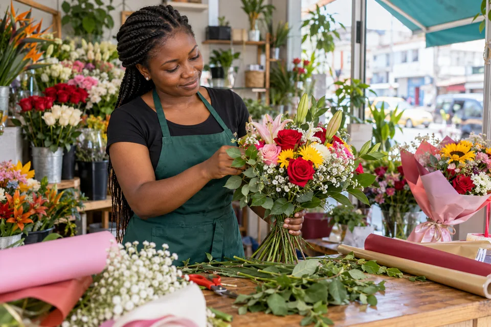 Une fleuriste prépare un bouquet dans sa boutique