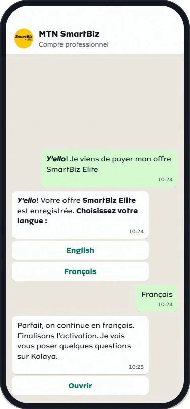 MTN SmartBiz vous propose le français ou l’anglais sur WhatsApp