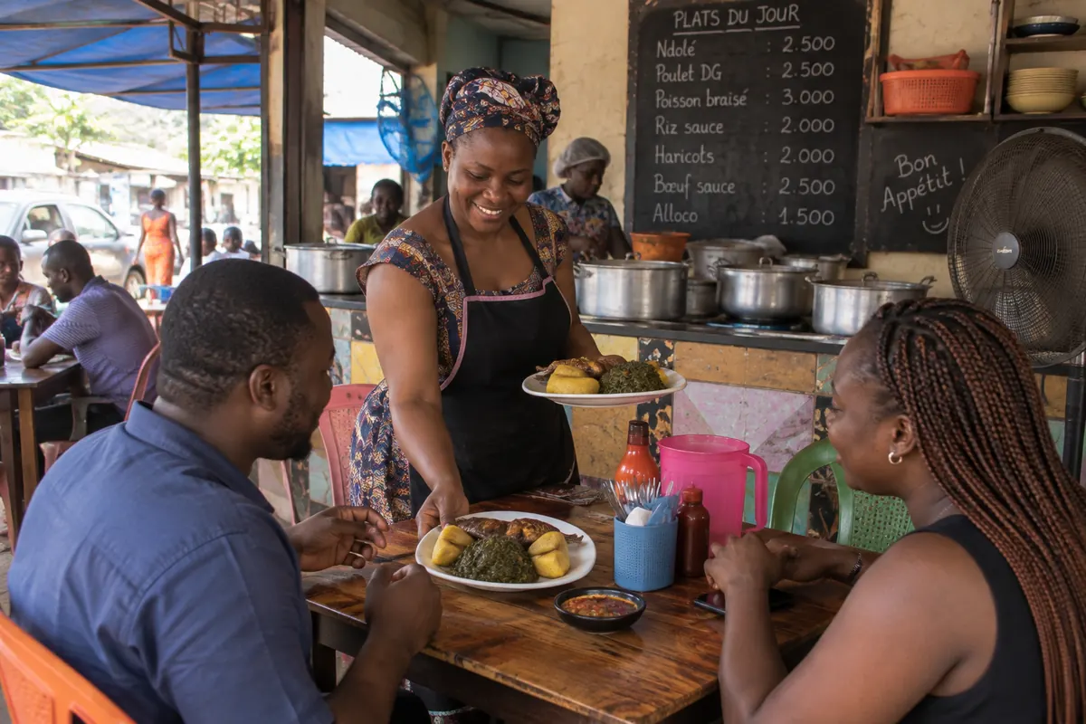 Une restauratrice sert un repas à ses clients