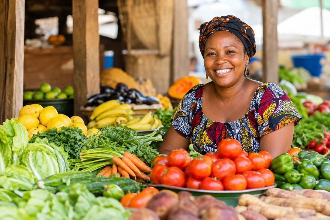 Smiling market owner surrounded by fresh produce